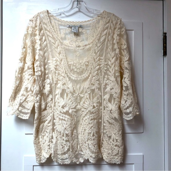 American Rag Cie cream lace embroidered tunic length top 3/4 sleeve L - Picture 1 of 8